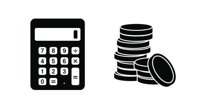 Calculator and stack of coins depicted in a bold silhouette