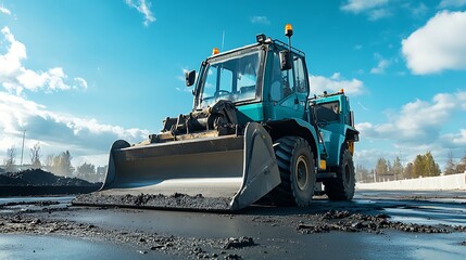 Large blue bulldozer operating on a construction site with wet ground and cloudy blue sky