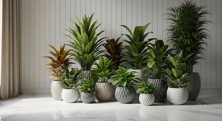 Fototapeta premium Green Serenity: An array of potted plants bring a touch of nature indoors, showcasing lush green foliage and creating a sense of calm and well-being.