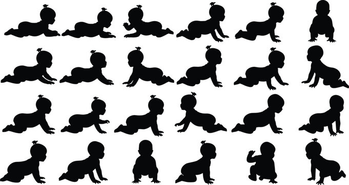 Baby Crawling Silhouette Collection with Infant Milestones, Toddler Movement Poses, and Child Development Stages in Black Solid Vector Set