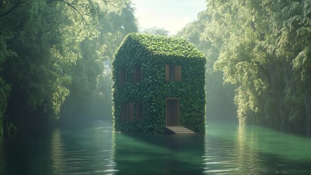 A two-story house, enveloped in green foliage, emerges from water in a lush, verdant forest