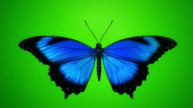 Vibrant Blue Butterfly Sitting Gracefully Against Bright Green Background in Close-Up View