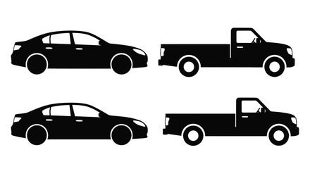 Fototapeta premium Black vehicle silhouettes showcasing cars and trucks side view silhouette