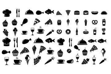 Colorful Food Icons Set &ndash; Fruits, Vegetables, Beverages, Desserts & Kitchen Items