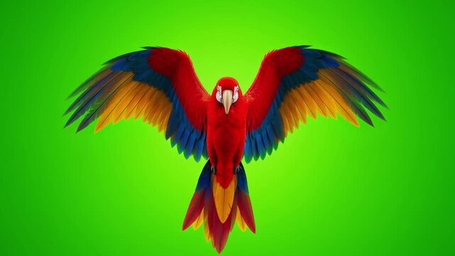 Vibrant Scarlet Macaw with Colorful Feathers Spreading Wings Against Bright Green Background