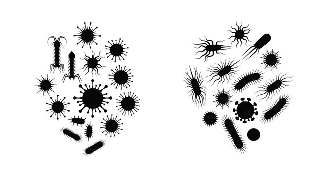 Various bacteria and virus shapes form a heart shaped silhouette