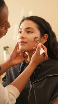 Professional makeup artist applies blush with a large fluffy brush to enhance a woman's radiant complexion during a glamorous beauty makeover session.
