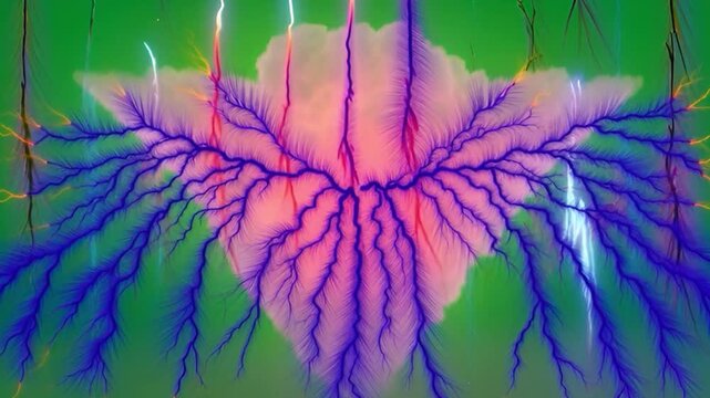 Vibrant Burst of Electric Colors with Lightning Strikes and Abstract Cloud Formation on Green Background