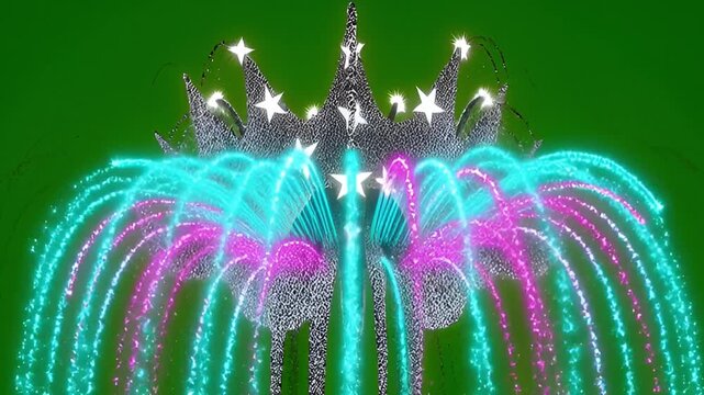 Colorful Water Fountain Display with Sparkling Lights and Stars on a Vibrant Green Background