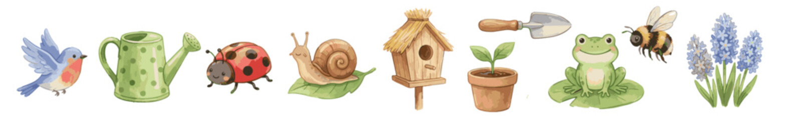 Watercolor spring garden clipart with bird, watering can, frog, bee, ladybug and snail. Collection of Vector illustrations. Perfect for invitation, card, poster, banner, decoration © maria