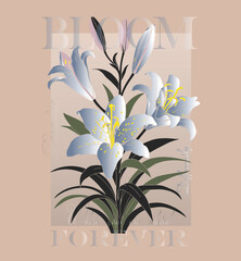 Obraz premium Tropical summer flowers graphic tee for girl's women's, paradise bloom typography text print design.