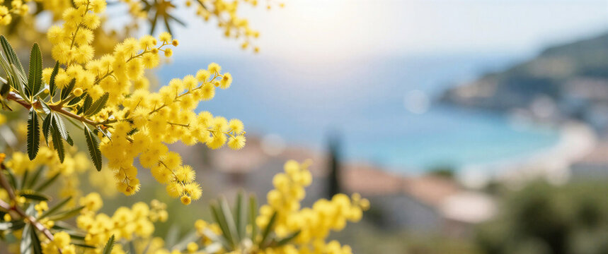 Beautiful mimosa flowers blooming on a tree branch with a blurred Mediterranean sea and coastal town background. Spring travel landscape.