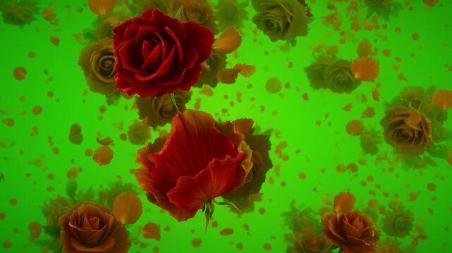 Colorful Floral Background with Floating Roses and Orange Flowers on a Vivid Green Backdrop for Graphic Design Projects