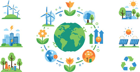 Fototapeta premium Happy family enjoying clean energy powered city with wind turbines and blooming flowers, vibrant flat design vector illustration