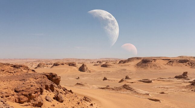 Alien desert landscape with two moons in a clear blue sky