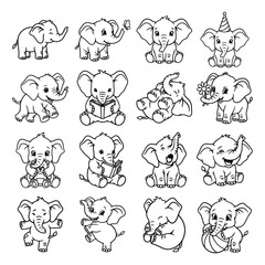 Fototapeta premium Baby Elephant Cute Cartoon Collection, Kids Coloring Book Animal Outline Illustration Set