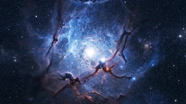 A luminous blue nebula contorts and glows amidst countless stars in the vast expanse of the universe