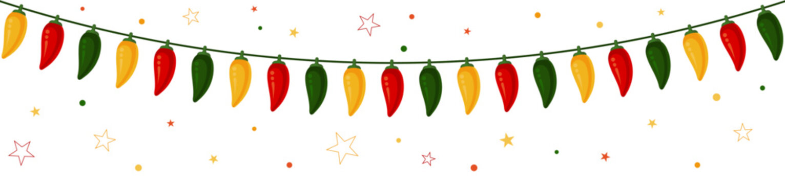 Mexican chili pepper garland banner with colorful peppers and stars for Cinco de Mayo. Vector illustration
