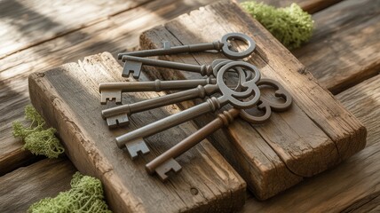 Vintage keys on rustic wooden background with green moss