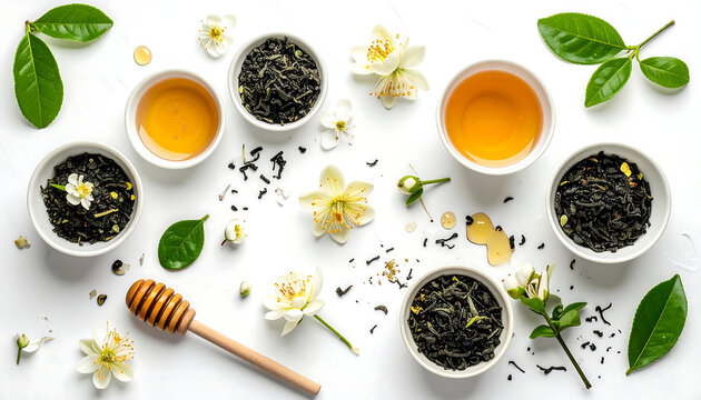 Top view of herbal tea assortment with green tea leaves honey wooden dipper and jasmine flowers on white background for wellness