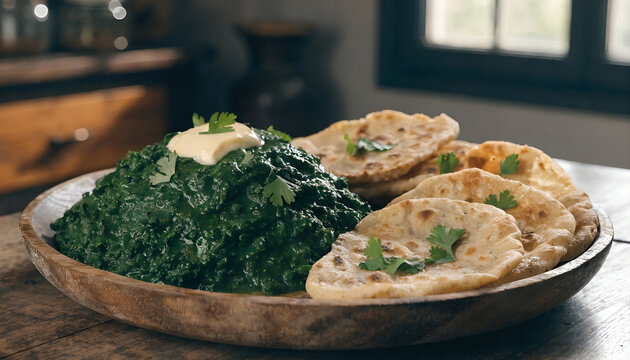 Homemade Makki Ki Roti with Sarso Ka Saag in Cozy Indoor Kitchen Setting