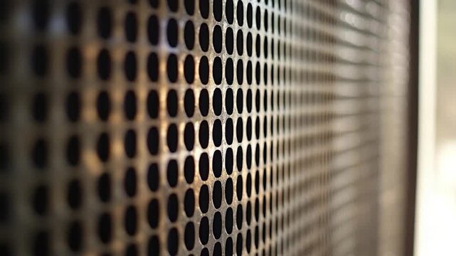 A metallic grid with a repeating pattern of oval-shaped perforations; selective focus and depth of field