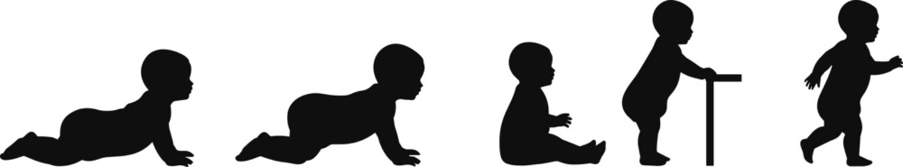 Comprehensive Baby Development Silhouette Set Featuring Vector Symbols of Infant Crawling Sitting and Standing with Support for Milestones