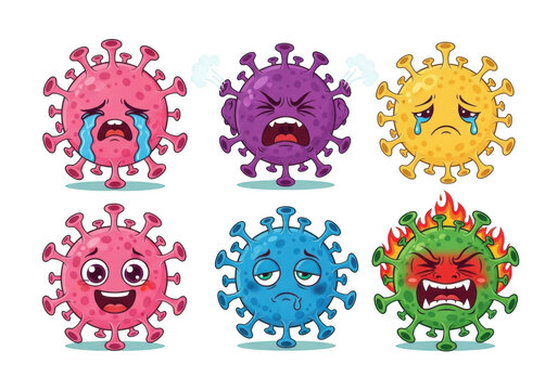 Cute cartoon virus characters showing different emotions isolated on transparent background for education and awareness
