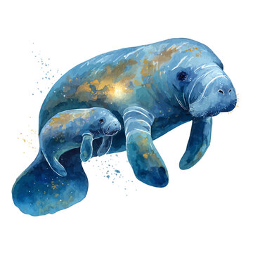 Watercolor illustration of Manatee With Its Baby, vector artwork, isolated on white background.