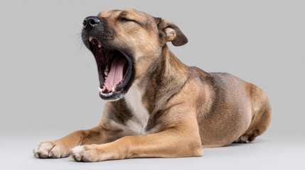 Obraz premium Playful dog yawning on gray background showcasing relaxation and comfort