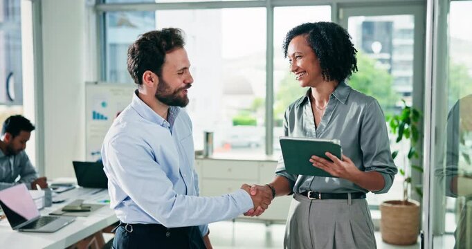Handshake, meeting and tablet with business people in office boardroom for agreement or deal. App, collaboration and thank you with employee team shaking hands in workplace for goals or target