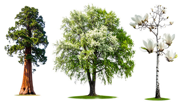 Set of Majestic Giant Sequoia Lush Green Deciduous and White Flowering Magnolia Trees Isolated on Pure White Background for Architectural Landscape Design Projects