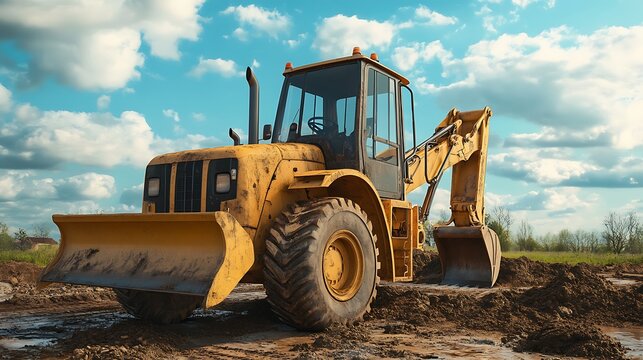 Heavy backhoe loader standing on a muddy construction site with cloudy blue sky in the background