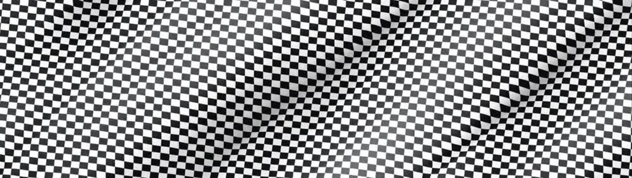 Highly detailed waving black and white checkered flag filling the frame, perfect dynamic background for motorsports events and racing competitions