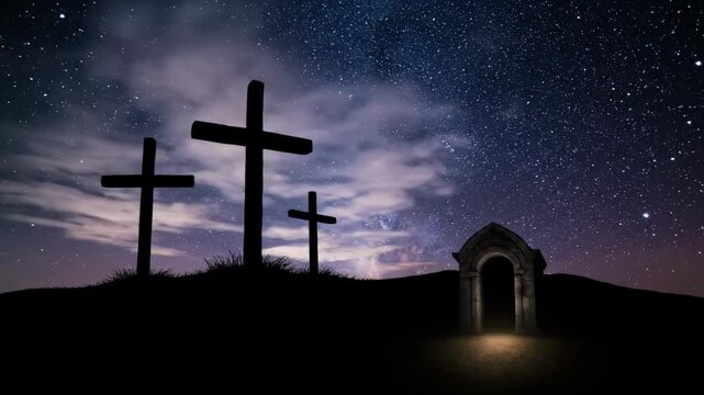 Three crosses on a hill and the empty tomb glowing under a starry night sky. Christian concept of the resurrection of jesus christ showing salvation hope and new life