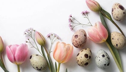 Easter Flat Lay with Spring Flowers and Colorful Quail Eggs - 2
