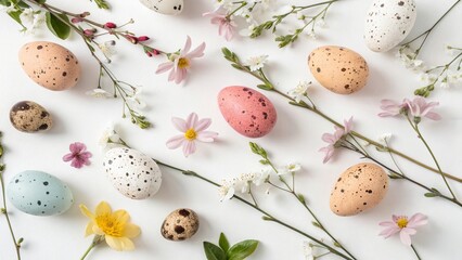Easter Flat Lay with Spring Flowers and Colorful Quail Eggs - 1