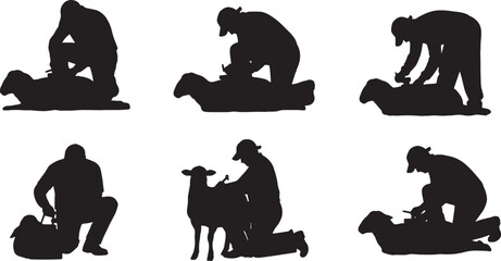 Black Solid Farmer Shearing Sheep Silhouettes Set of Six on White Background © Lubna