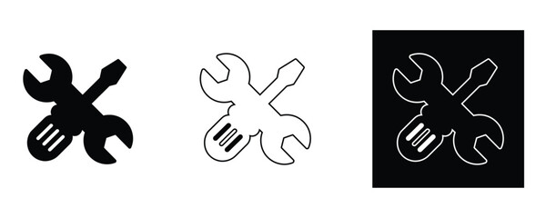 Fototapeta premium Set of modern crossed wrench and screwdriver icons in black, white, and outlined styles