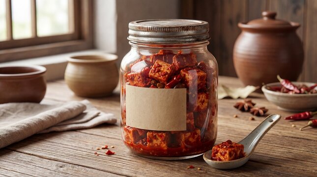 Fermented Bean Curd in Jar with Spices and Rustic Setting
