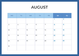 Daily planner. August 2026 minimal calendar template, week starts Monday.