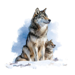 Naklejka premium Watercolor-style vector illustration of Wolf With Its Baby, isolated on a clean white background.