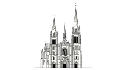 Fototapeta premium Detailed black and white line art illustration of a Gothic cathedral facade featuring multiple spires and intricate architectural stone details.