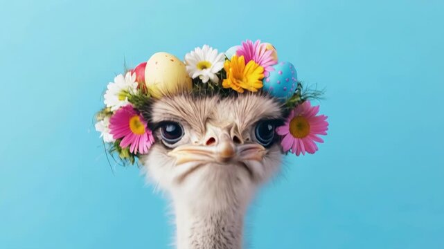 Ostrich in easter floral crown showing different facial expressions on blue background for spring holiday card