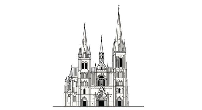 Detailed black and white line art illustration of a Gothic cathedral facade featuring multiple spires and intricate architectural stone details.