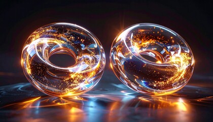 Transparent glass donuts with swirling stormy interiors, illuminated by vibrant orange glow, photographed from a close-up viewpoint