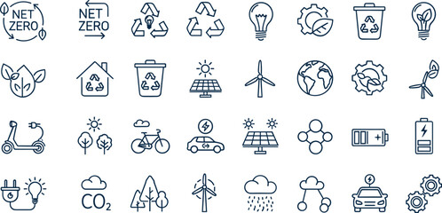 Net Zero and Renewable Energy Line Icon Set with Solar Panel, Wind Turbine, Electric Vehicle, Recycling, and Sustainability Outline Vector Symbols © MdMojnu