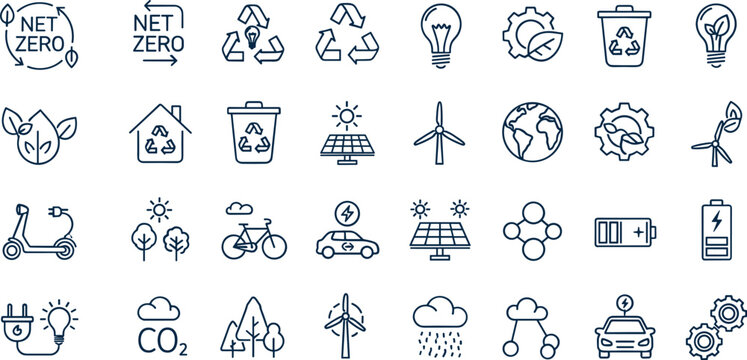 Net Zero and Renewable Energy Line Icon Set with Solar Panel, Wind Turbine, Electric Vehicle, Recycling, and Sustainability Outline Vector Symbols