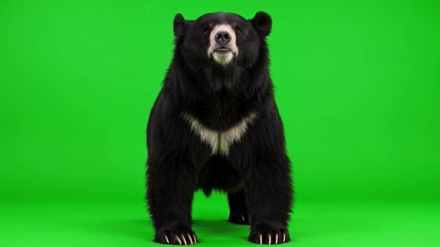 Realistic depiction of a majestic bear standing on a vibrant green background suitable for wildlife and nature-themed projects