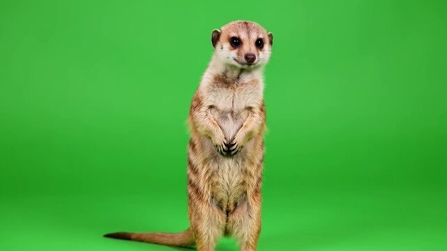 Cute meerkat standing upright on a vibrant green background looking curiously with small paws and expressive eyes